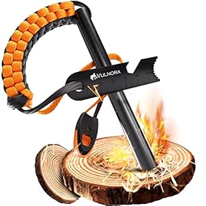 VULNORA Feuerstahl – 12,7cm Länge Ø1,27cm [Paracord Griff] Signalpfeife | Feuerstarter XXL – Feuerstein Survival Outdoor…