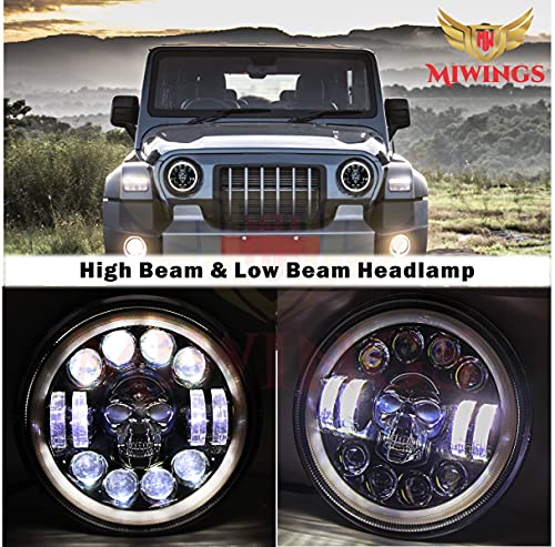 Image of Miwings Round LED Skull Style Hi /Low Beam 75W H4 Headlight Compatible with Royal Enfield, Jeep, Thar, Motorcycle, Cars, Harley Davidson, Amber & White, 7 inch