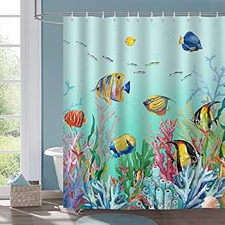 Bonhause Tropical Fish Shower Curtain 180 x 180 cm Coral Underwater Ocean Blue Bathroom Curtain Mildew & Mould Resistant Polyester Fabric Bath Curtain with 12 Hooks