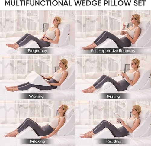 Image of OAISZ 4 PCS Wedge Pillow Set for After Surgery, Memory Foam Orthopedic Bed Wedge Pillow Set, Adjustable Bed for Sleeping, Acid Reflux Relief, Post Surgery Recovery, Back Support, Leg Elevation, White