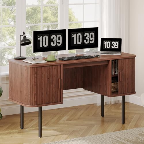 ONBRILL 55 Inch Fluted Computer Desk with Charging Station, Mid Century Executive Desk with 2 Storage Cabinets, Modern Home Office Large Desk with Metal Legs for Working, Studying, Writing, Walnut