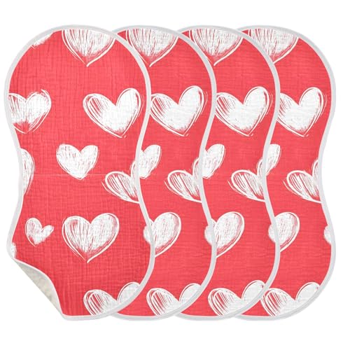 xigua White Hearts Muslin Baby Burp Cloths Set of 4, Super Soft & Absorbent Burping Rags, Cotton Burp Clothes Shower Gift for Newborn, Baby Girls and Boys3