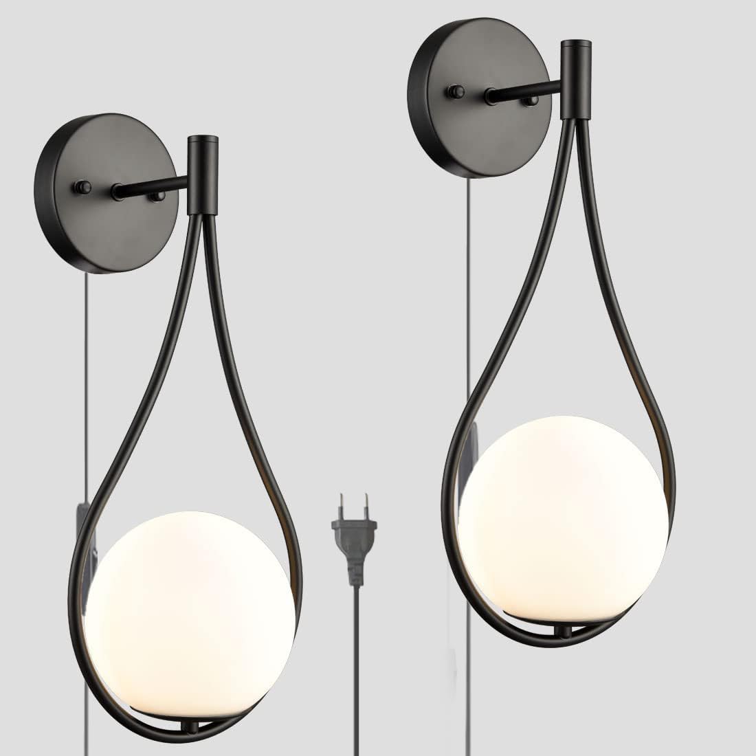 BHIAG Modern Wall Sconce with Switch Cord Industrial Wall Lamp Indoor White Glass Globe Wall Light Fixtures Teardrop Wall Lights Fitting Bedroom Living Room Bathroom Aluminium (Black,2pcs)