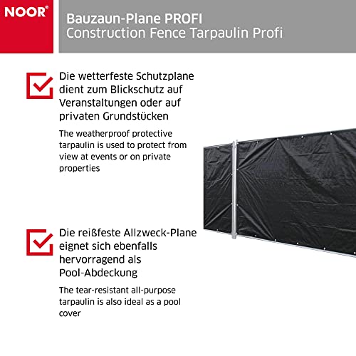 NOOR Bauzaun-Plane PROFI 176 x 341 cm (Standardmaß) I Wasserdichte Abdeckplane mit Ösen aus belastbarem PE-Gewebe 140 gr/m² I Hochwertige Sichtschutz-Plane I 2 Jahre Garantie I In- & Outdoor I Schwarz