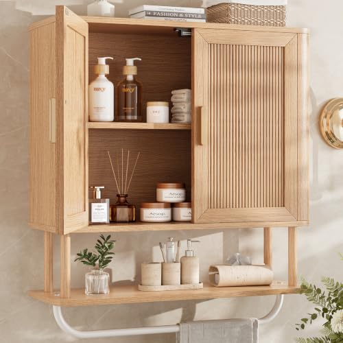 Bathroom Storage Cabinet with Towel Bar, Over the Toilet Storage Shelf, Medicine Cabinet with Adjustable Wood Shelf & Doors for Laundry Room & Kitchen & Living Room (Natural Oak)