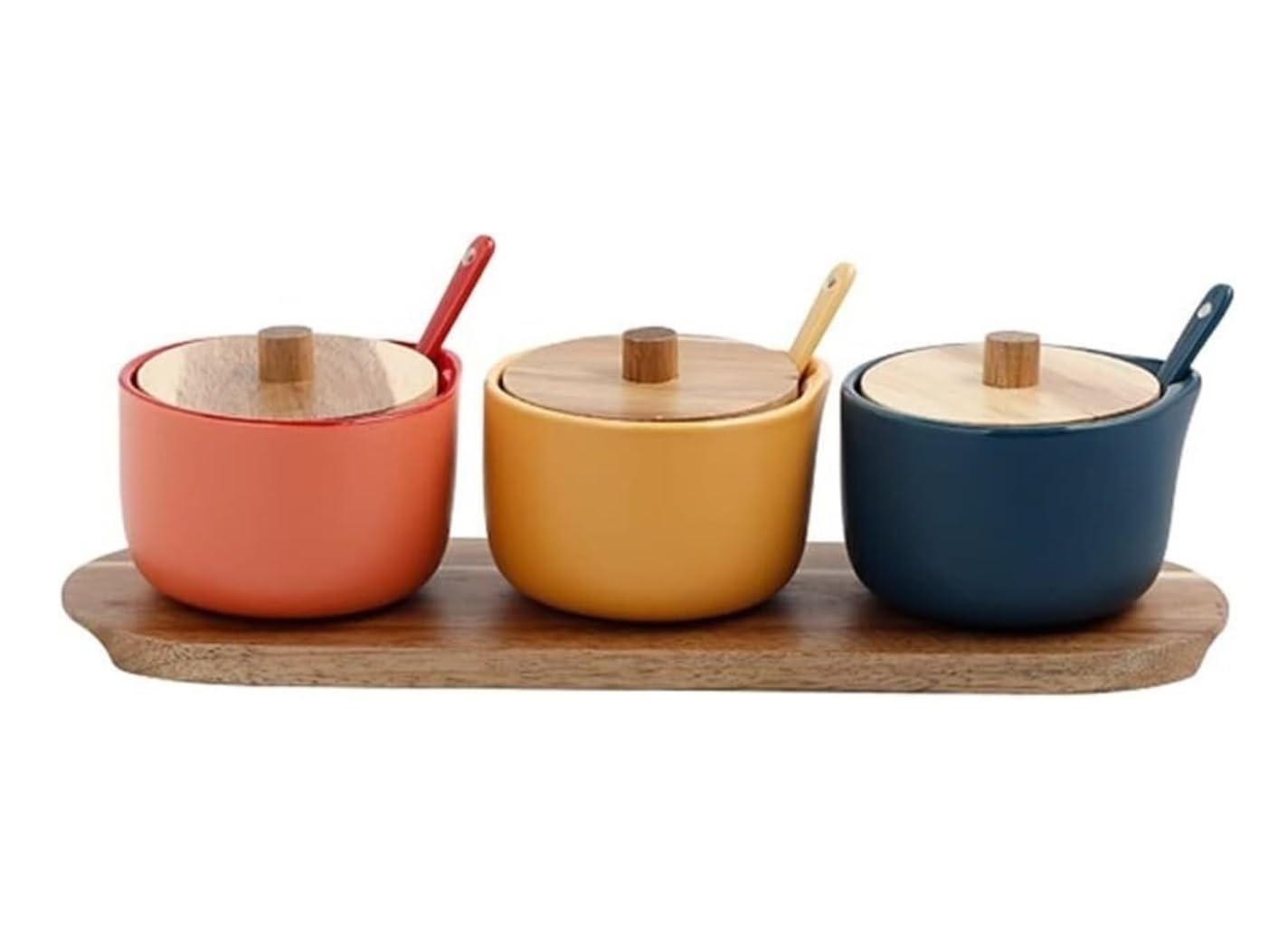 BCJMKDX Fermenter. Ceramic Condiment Container Set With Spoon Lid And Wood Tray Home Seasoning Pot Spice Pot Sugar Container Set(A)