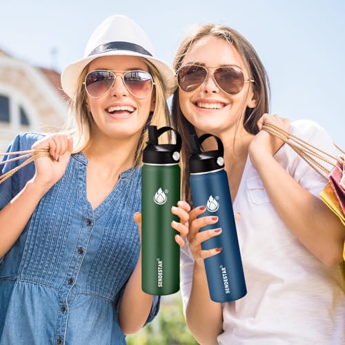 Image of Insulated Water Bottle 32 oz with Straw, Stainless Steel Wide Mouth Water Bottle, Double Wall Vacuum Leak Proof with Straw Lid & Spout Lid for Sports or Office, Keep Cold or Hot Up to 24 Hrs