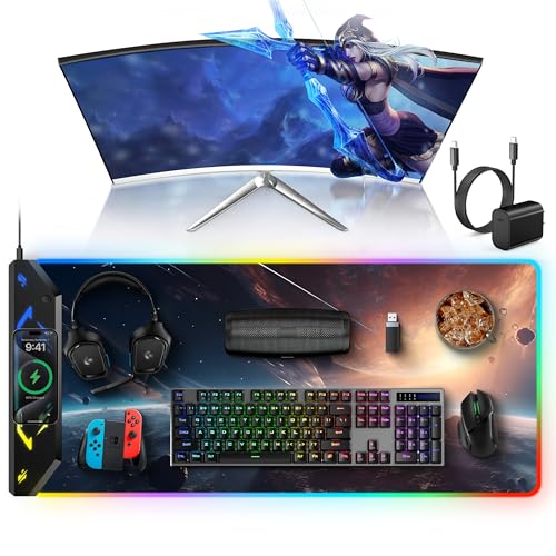 Image of TopMade Wireless Charging Mouse Pad, RGB Gaming Mousepad, 35.4 inch x 15.8 inch Extra Large Waterproof Keyboard Desk Pad, Computer Desk Mat, Cosmic Planet (Includes 20W PD Power Adapter & 6.56ft Woven Cable)