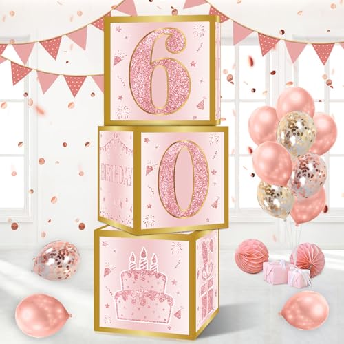 Decoration Anniversaire 60 Ans Femme, 3Pcs Boite Anniversaires Rose, Urne Anniversaire Cadeau Boite Rose en Papier pour Decoration 60 Ans Anniversaire Femme...