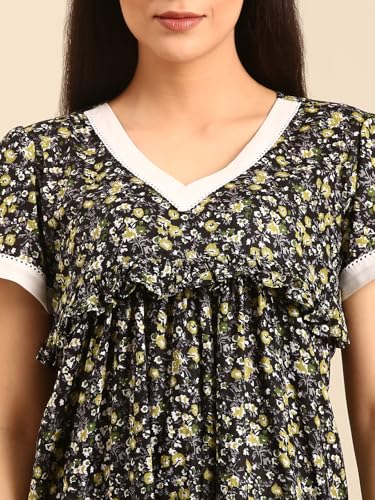 Image of Rupa Jon Aishwarya Women Short Printed Nighty in Premium Cotton Blend Fabric, Midi Length, Night Dress, Three-Fourth Length for Comfortable Everyday Wear