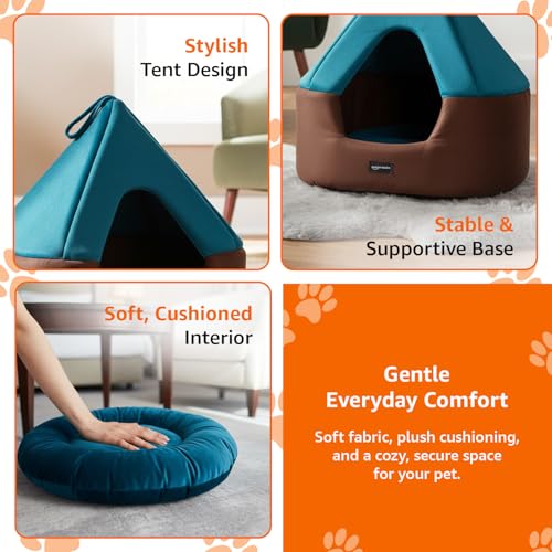 Image of Amazon Basics Pet Bed Cave | Soft & Warm Indoor Tent Bed for Cats, Kittens & Small Dogs | Foldable with Removable Cushion | Light Blue & Coffee | Diameter 45 cm, Height 45 cm