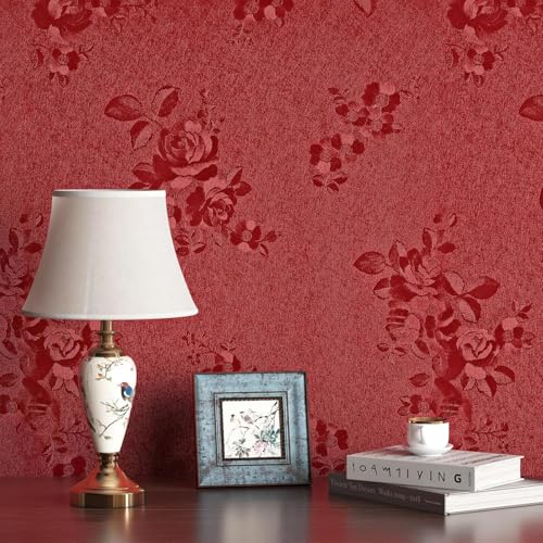 FunStick Selbstklebende Tapete Rot Blumen Klebefolie Möbel Schrank Viktorianische Blumentapete Vintage Dunkelrot Strukturtapete Wohnzimmer Selbstklebende Folie Blumen Vintage Möbelfolie Rot 40CMX2M