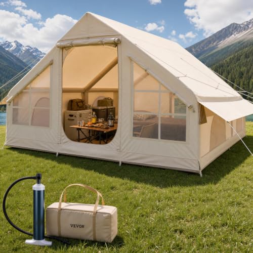 VEVOR Tienda Inflable para Acampar, Carpa Inflable de 4 x 3 x 2 m para 5-8 Personas con Bomba Manual, Conector para Estufa, 2 Puertas y 4 Ventanas de Malla, Bolsa de Almacenamiento, Beige