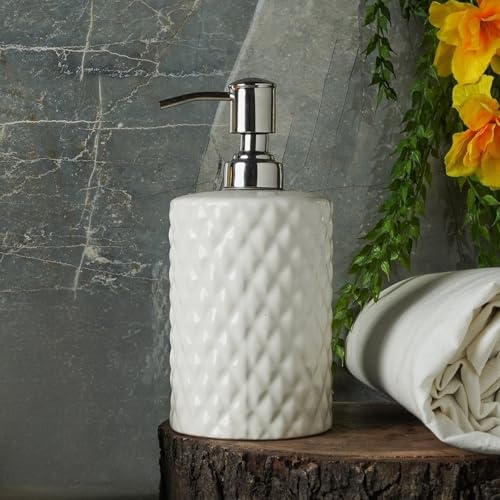 Image of Ceramic Soap Dispenser 330ml (Set of 1) | White Diamond Design | Refillable Liquid Soap, Hand Wash & Lotion Pump Bottle | Premium Ceramic Bathroom & Kitchen Accessory | White