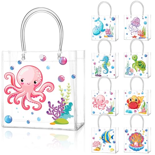 Image of Teenyyou 24 Pcs Sea Animal Party Favor Bags PVC Clear Ocean Gift Bags with Handle for Birthday Party Supplies
