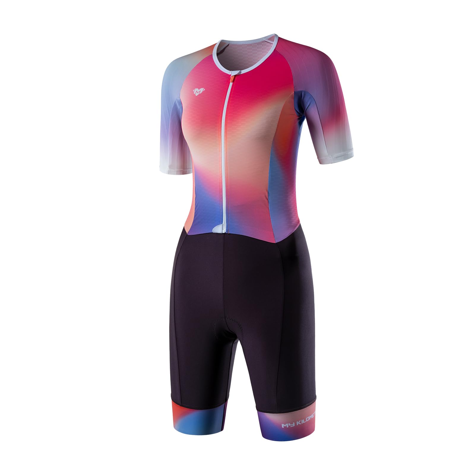 MY KILOMETRE Traje de Triatlón para Mujer Corta Manga – Trisuit con Cremallera Completa y Bolsillos Traseros Secado Rápido para Natación, Ciclismo y Carrera UPF50+