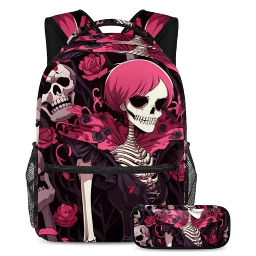 Sac à dos grande capacité tête de mort rose idéal pour le lycée, les cours et les voyages
