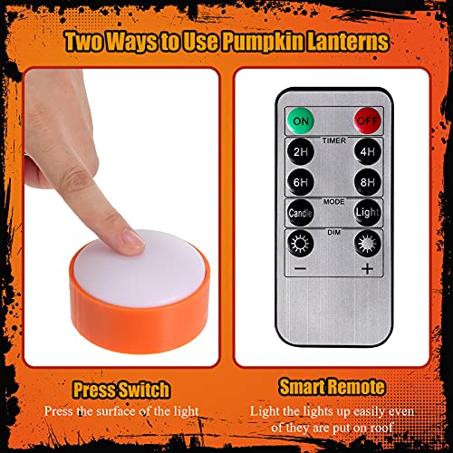 Image of Riakrum 6 Pieces Halloween Remote Timer LED Lights with Remote Summer Halloween LED Pumpkin Lights Battery Operated Lantern Bright Flameless Candle(Orange)