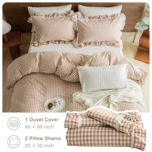 Image of QSH 3PCs Washed Cotton Tan Gingham Lace Ruffle Duvet Cover Set Queen Size Khaki Plaid Shabby Vintage Boho Chic Bedding Quilt Cover Farmhouse Ultra Soft Comforter Cover Set Queen with Pillow Shams