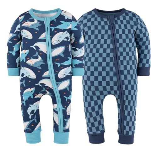 Image of The Peanutshell 2-Pack Sleep and Play Baby Boy Clothes, Soft Cotton Footless Pajamas, Blue Checker & Happy Shark