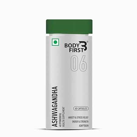 Body First KSM-66 Ashwagandha 500mg Capsule Standardized to 5% Withanolides For Energy and Immunity Booster, Muscle Strength & Recovery, Rejuvenates Mind & Body, 60 Veg Capsules