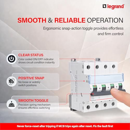 Image of Legrand DX 1A Four Pole MCB C Curve 10kA | 3-Phase + Neutral Miniature Circuit Breaker | ISI Marked IS /IEC 60898-1 | Overload & Short Circuit Protection for Industrial & Commercial Use
