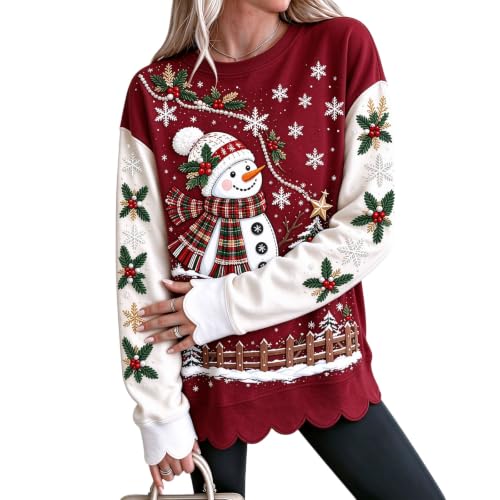 Womens Christmas Sweatshirt Snowman Graphic Scalloped Hem Cotton Pullover | Winter Trends for Women 2026, Christmas, Snowman, Cotton, Cozy, Family, School, Weekend, Everyday, Travel, Casual, Work - image 1