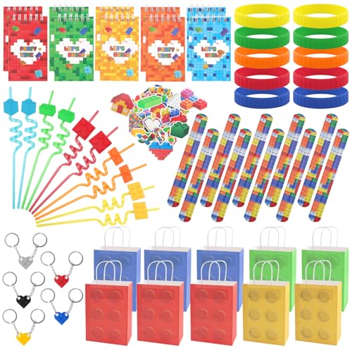UYUYong 110 Pièces Bloc Construction Cadeau Anniversaire Inclus Sacs Cadeaux Pour Blocs à Thème Bracelets Slap Pailles Réutilisables Sticker Carnets Porte-Clés Bracelets en Caoutchouc, pour Blocs Fête
