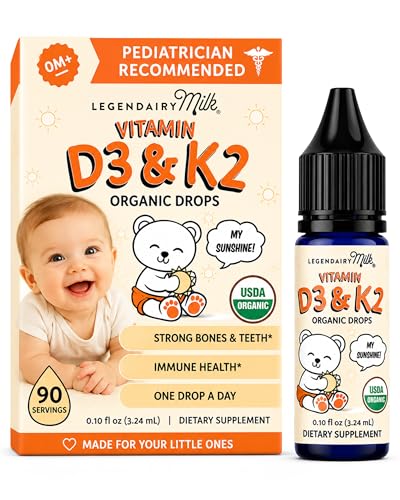 Image of Legendairy Milk Vitamin D Drops for Infants, Organic Baby Vitamin D3 K2 Liquid 400 IU, Vegan for Newborns Toddlers & Kids, Childrens Supplement for Strong Bones & Teeth, Sugar Free, 90 Servings