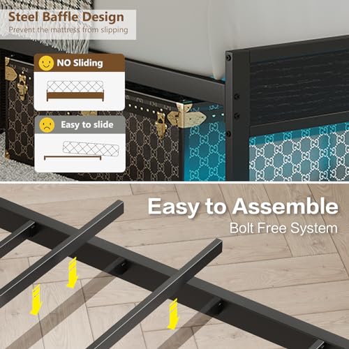 CollaredEagle Queen Size Bed Frame with Headboard, Metal Bed Frame with Charging Station and LED Lights, Heavy Duty Bed with Storage Shelves,Noise Free,No Box Spring,Black - Image 5