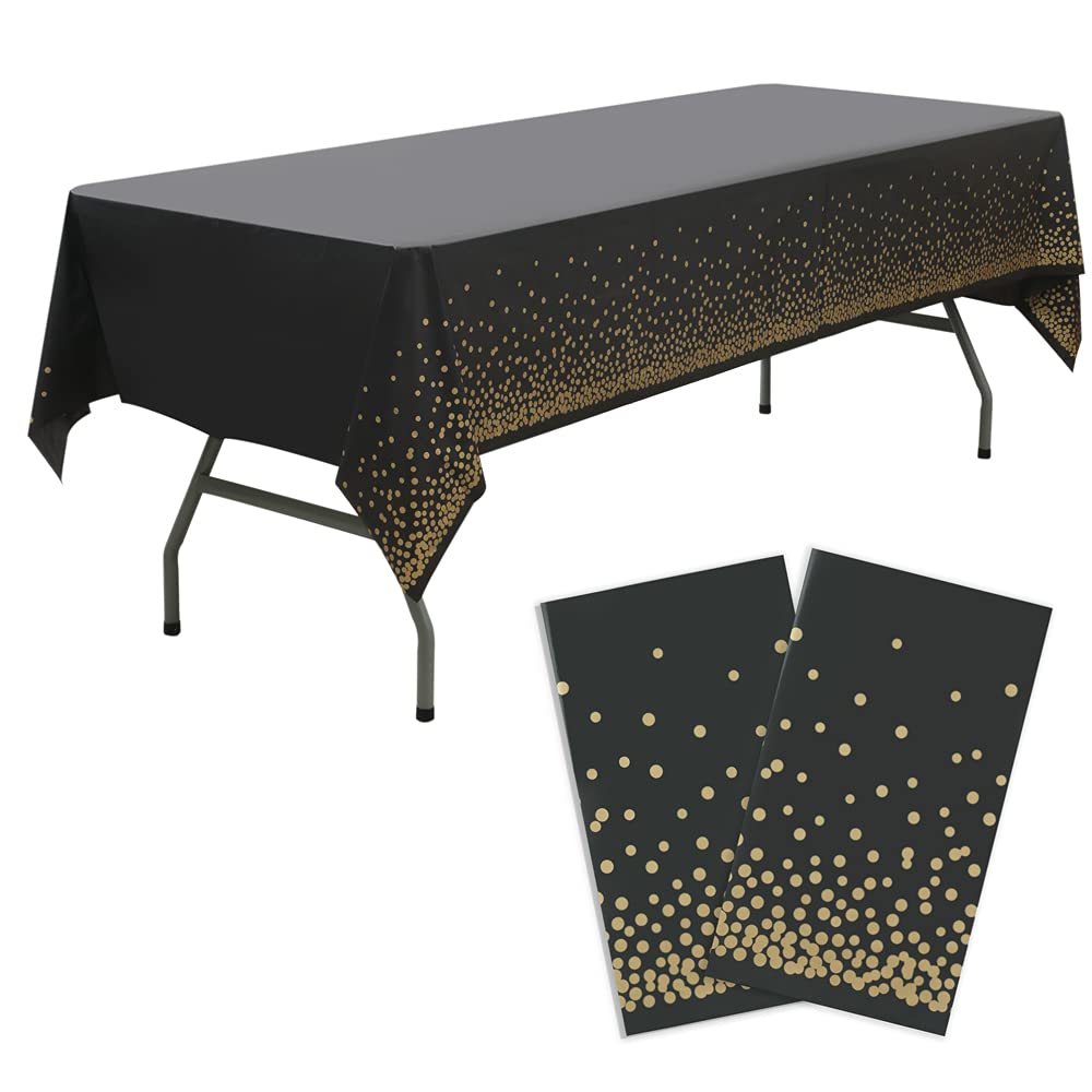 Gold Polka Dots Confetti Plastic Tablecloths 2 Pack Black Disposable Table Covers Thanksgiving Party Tablecovers 54 x 108 Inch Table Cloths for Picnic Birthday Wedding Parties 8 Foot Rectangle Table