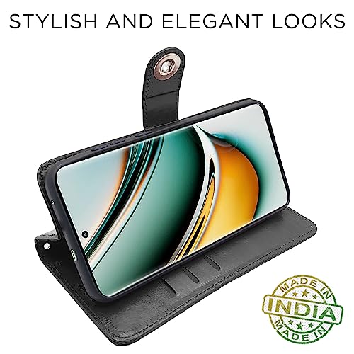 Image of Pikkme Realme 11 Pro / 11 Pro Plus 5G / Narzo 60 Pro 5G Flip Cover Leather Finish | Inside TPU with Card Pockets | Wallet Stand and Shock Proof | Complete Protection Button Flip Case (Black)