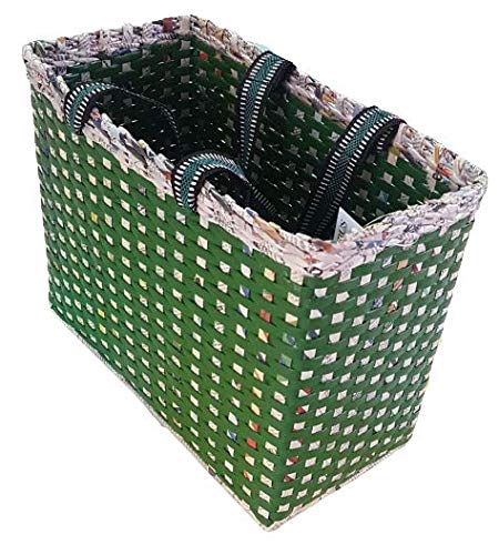Image of Paperus, Large, Lunch Bag, Picnic Basket, Carry Bag, Handbag, Tiffin Basket for Office; Rectangular, Eco-Friendly, Handmade, of Paper Ropes, in Inch 11 H, 14 L, 7 Wide Base Green