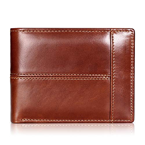 Mens Wallet Slim Genuine Leather RFID Thin Bifold Wallets For Men Minimalist Front Pocket ID Window 12 Card Holders Gift Box (Maroon Leather)