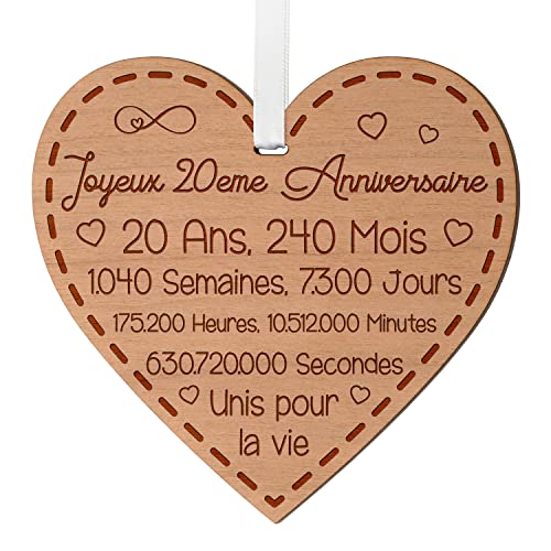 Cadeau Anniversaire De Mariage 20 Ans - Idée Cadeau Souvenir Anniversaire De Mariage pour Femme en Bois - Cadeau Cœur Gravé Souvenir 20 Ans De Mariage Homme...