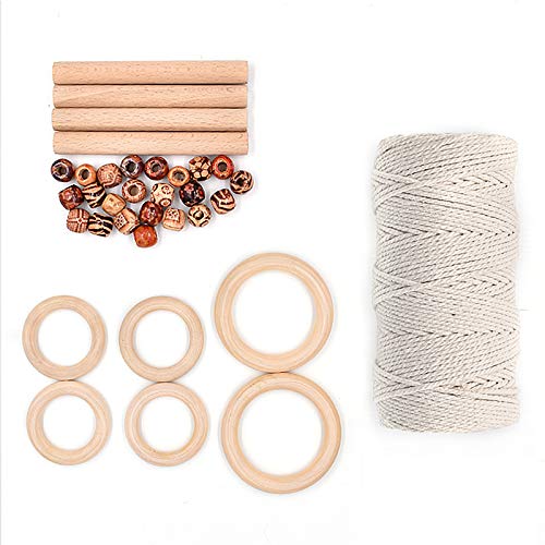 Image of 3mm 110Yards Natural Macrame Cotton Cord Thread with Wooden Beads Wooden Rings Wooden Sticks for Knitting Crafts Wall Hanging Plant Hangers Handicrafts Home Decoration Handmade DIY