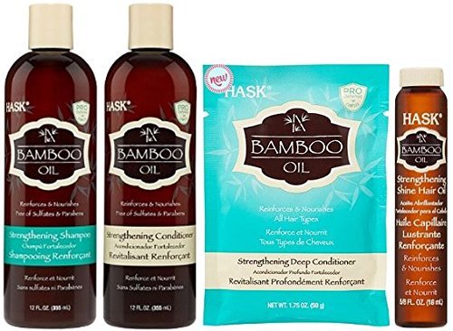 Hask Bamboo Oil Haircare Set ( Bamboo Oil Shampoo 12 Oz, Bamboo Oil Conditioner 12 Oz, Bamboo Oil Deep Conditioner 1.75 Oz, Bamboo Leave-in Shine Oil 0.75 Oz)