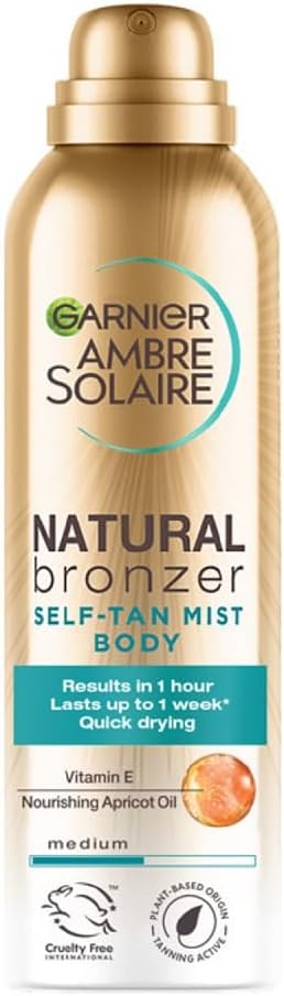 Garnier Ambre Solaire Fake Tan, Natural Bronzer Quick Drying Self Tan Body Mist Medium, Streak Free Spray Tan, Lasts Up to 1 week, Vegan Formula, Radiant Glow, 150ml