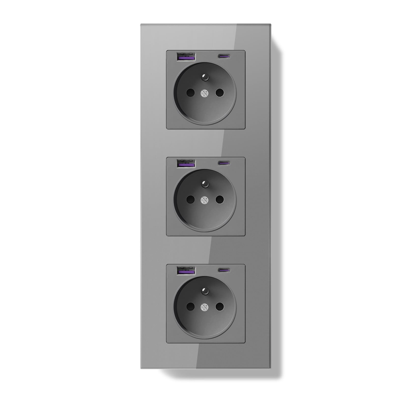 Prise Murale avec USB et 1 Type C PD 20W,16A Normes Françaises Prise Electrique Encastrable,Facile à Installer,Panneau en Verre Cristal, 228 * 86mm,Gris
