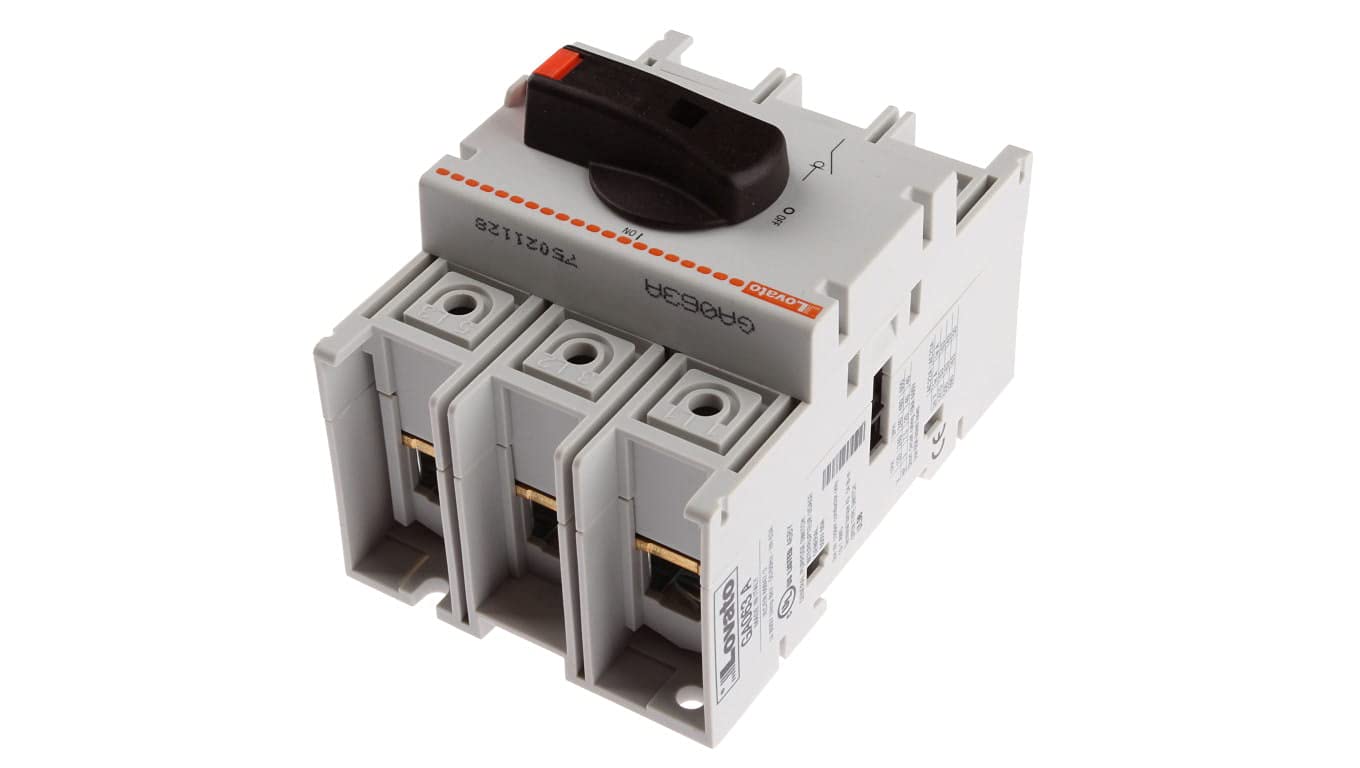 Interruptor seccionador de tres polos, con sección y versión puerta, 63A, mando directo, 8 x 8 x 10 centímetros, color gris claro (Referencia: GA063A)