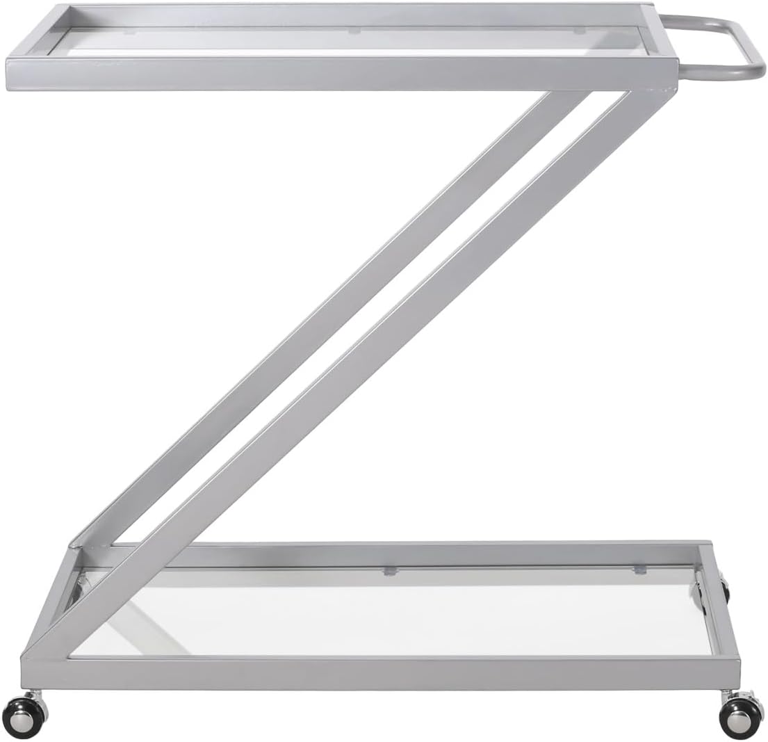 Modern Z - Shaped Bar Cart with Tempered Glass Shelves, Iron Base & Locking Rolling Casters for the Home Kitchen, Party- Chic, Durable & Mobile