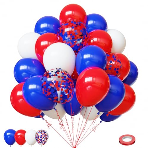Image of Lukiituke Red White and Blue Balloons, 60Pcs Red and Blue Balloons | 12in Latex Balloons for Independence Day, Patriotic, Memorial, Birthday Decorations