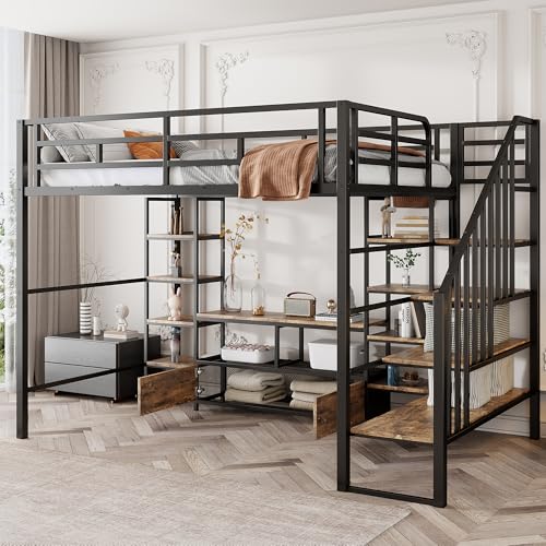 SOFTSEA Full Size Loft Bed with Stairs and Low Storage Table, Heavy-Duty High Loft Bed Frame with Shelves and Safety Guardrail, Black