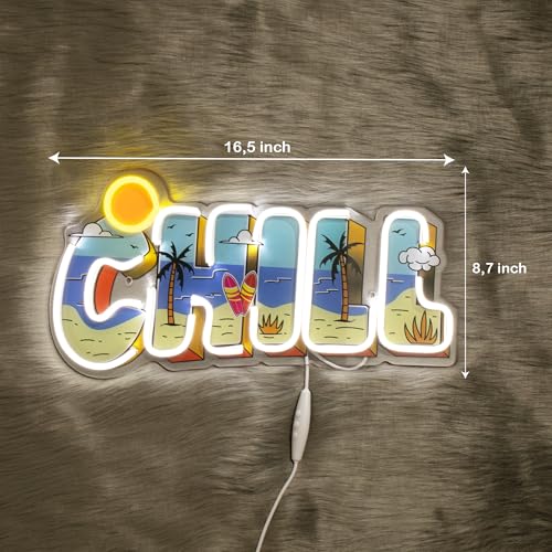Image of Beach Neon Sign Uv Print - Summer Room Decor, Beach Wall Art Neon Lights For Wall Decor, Bar Neon Sign, Neon Light Coastal Wall Decoration (16.5x8.7 Inches) Adjustable Brightness LED Sign For Man Cave