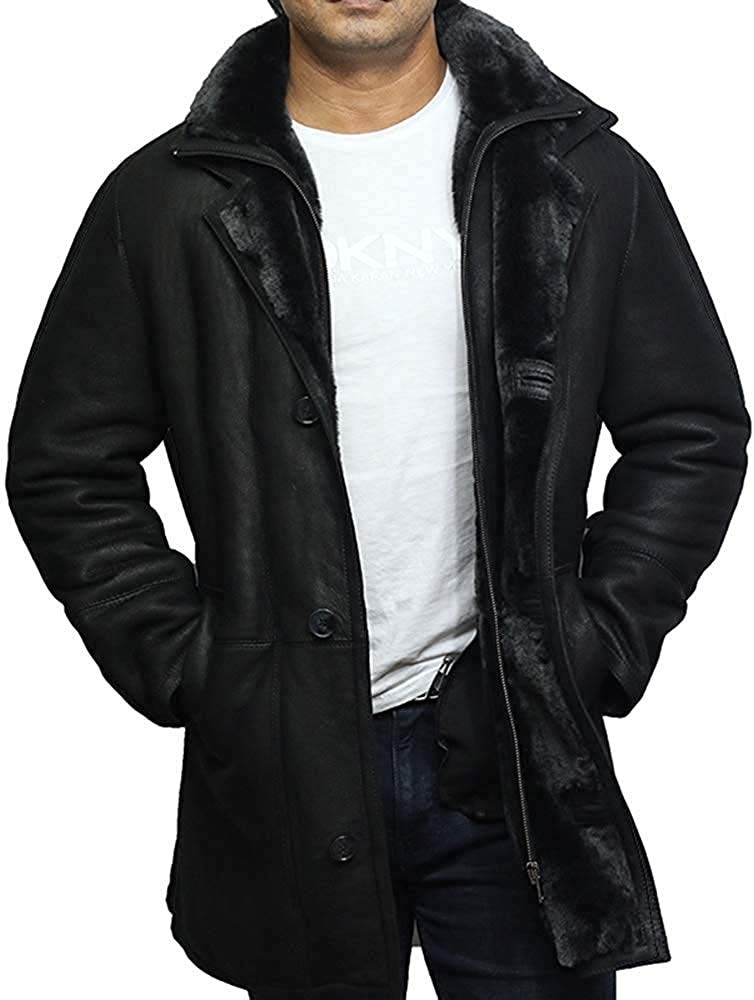 BRANDSLOCK Herren Schaffell Lammfell Leder Warm Duffle Trench Coat