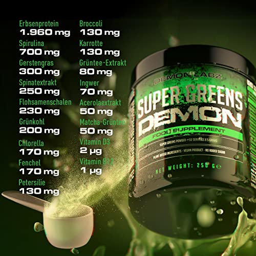 Super Greens Demon - Vollgepackt mit Gemüse und Superfoods, Vegan & Vegetarierfreundlich, Superfood-Pulver, Smoothiepulver gemischt in Deutschland ohne künstliche Zutaten (250g, 50 Portionen) – Bild 3