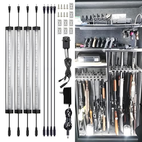 Vrothkain LED Gun Safe Lighting Kit, (4) 13 Inch Linkable Light Bars + Motion Sensor + UL Power Adapter, 900LM, Input 100-240V, for Under Cabinet Gun Safe Locker Closet Showcase, 6000K Daylight