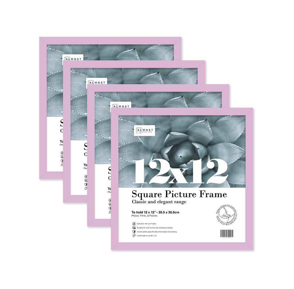 Almost Frameless 12x12 Lilac Picture Frame Set of 4, Display 12x12 Picture Gallery Wall, Poster, Photo, Artwork, or Print, Lilac, Square