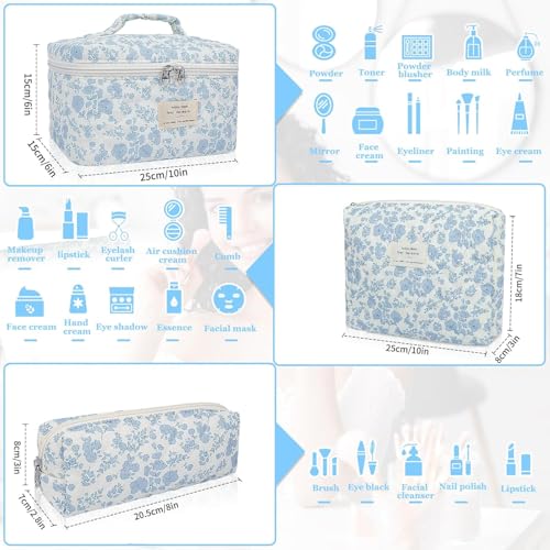 Image of Lyrovo Makeup Organizer Cosmetic Bag Quilted Large Floral Make Up Organize Set for Women Flower Travel Toiletry Bag (Blue-White)