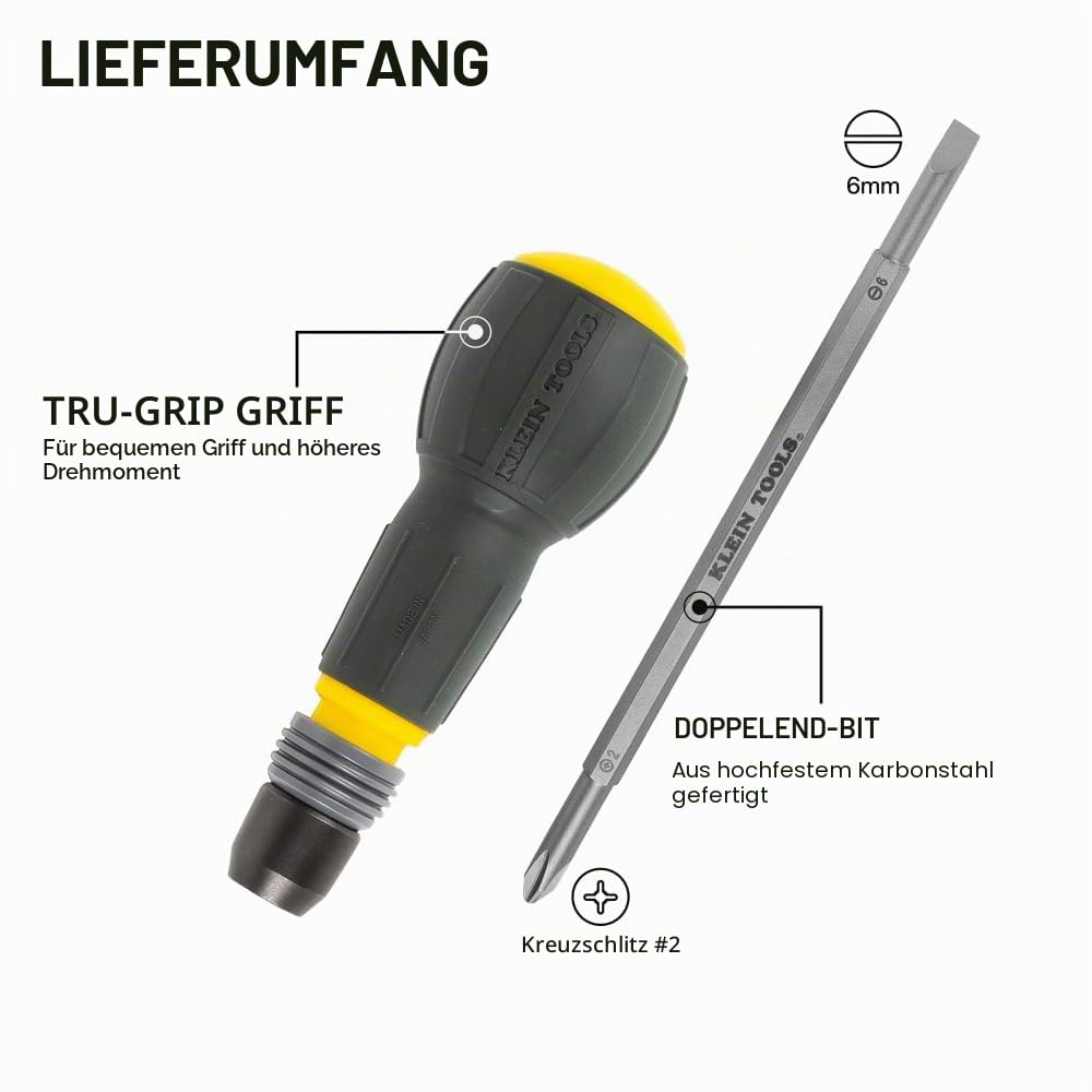 Klein Tools 32960A Fastbit Tru-Grip Schraubendreher, Kugelgriff mit Schnellspannkragen, #2 Kreuzschlitz und 6 mm Schlitz-Doppelend-Bit, 1/4-Zoll-Bit-kompatibel